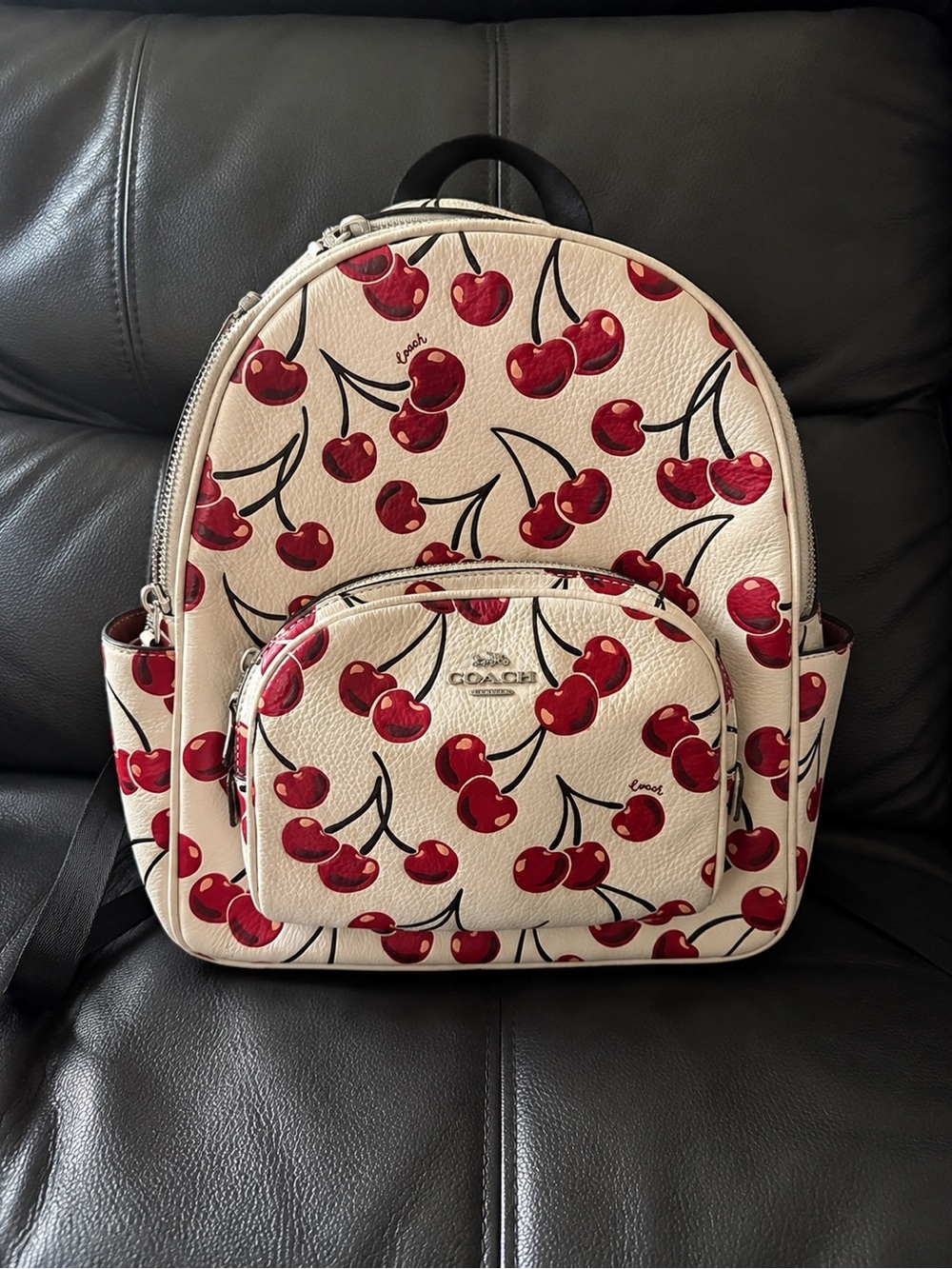 Coach Cherry-Print Backpack in Cream and Red Pebbled Leather CAA72